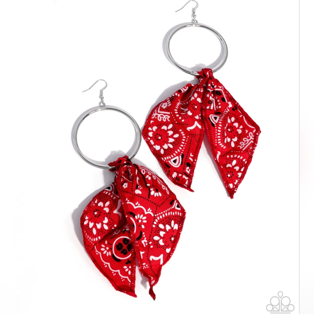 Silver Hoop Earrings with Red Bandana Accent - Picture 2 of 2